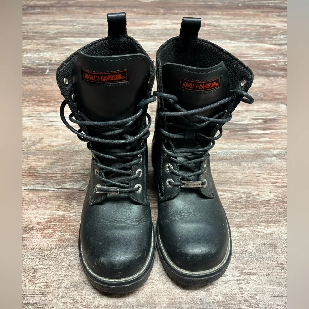 Harley-Davidson | VGUC Women’s Heel Black Leather Lace-Up Riding Boots Biker 8 - Picture 1 of 9